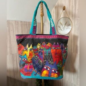 Laurel Burch Artistic Multicolor Cat Print Tote Bag